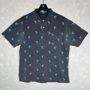 Vtg Ralph Lauren Polo Shirt All Over Print Fish Black Washed Men LARGE Single
